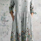 Women's Elegant Butterfly Floral Pattern V-Neck Cotton and Linen Dress