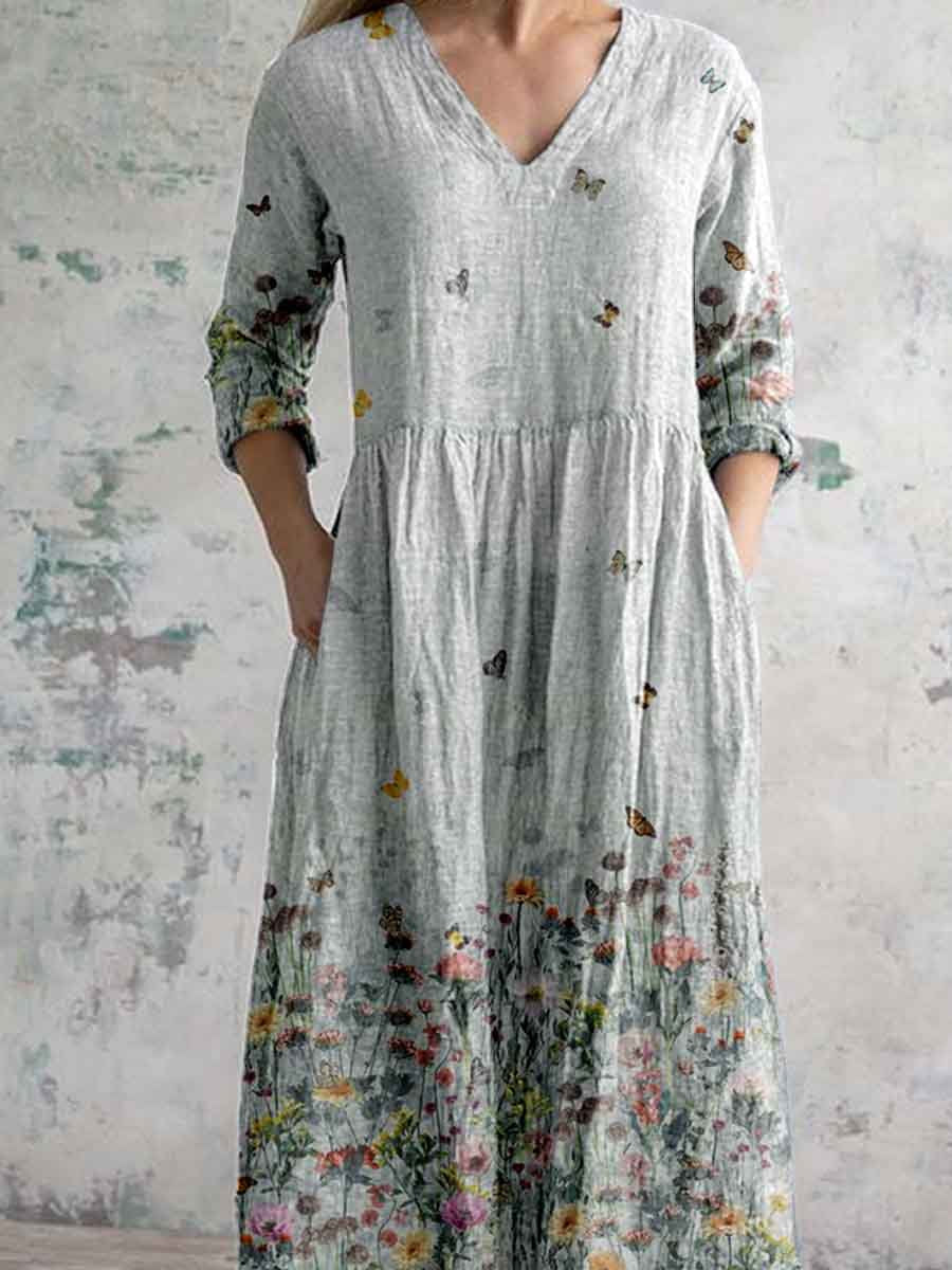 Women's Elegant Butterfly Floral Pattern V-Neck Cotton and Linen Dress