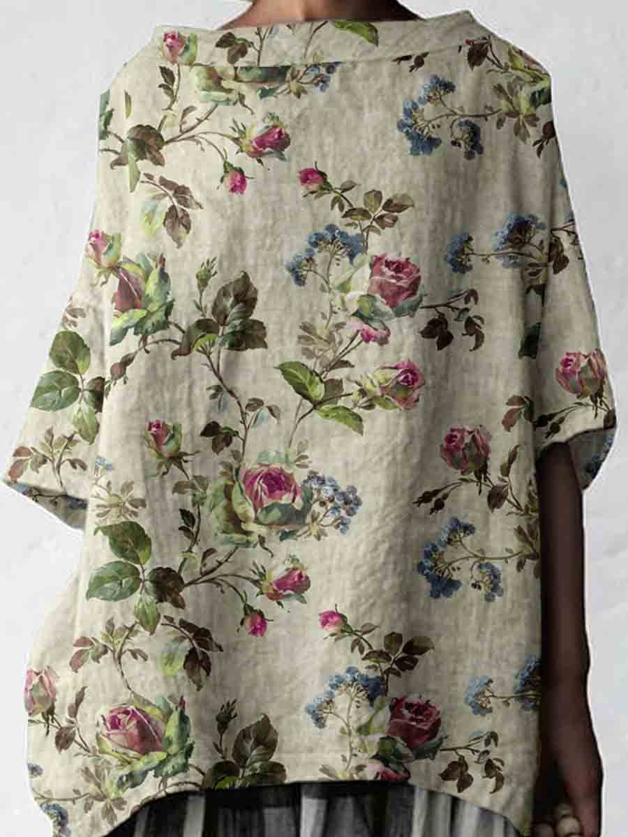 Women's Elegant Floral Pattern Cotton and Linen Top