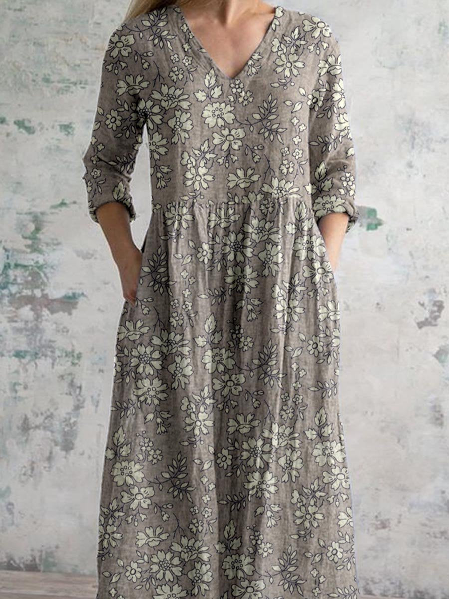 Women's V-neck Elegant Simple Floral Pattern Cotton And Linen Dress With Pockets