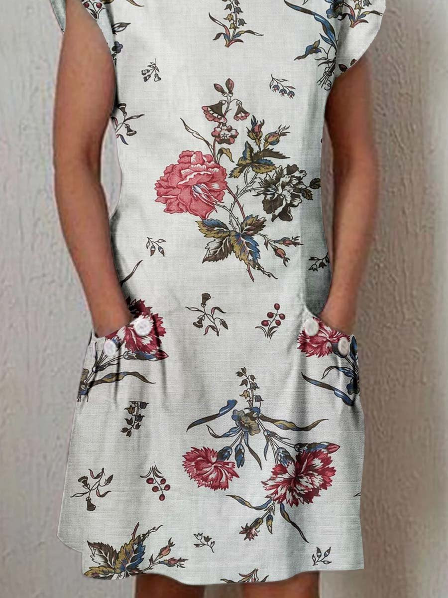 Women's Elegant Floral Pattern Round Neck Cotton and Linen Dress