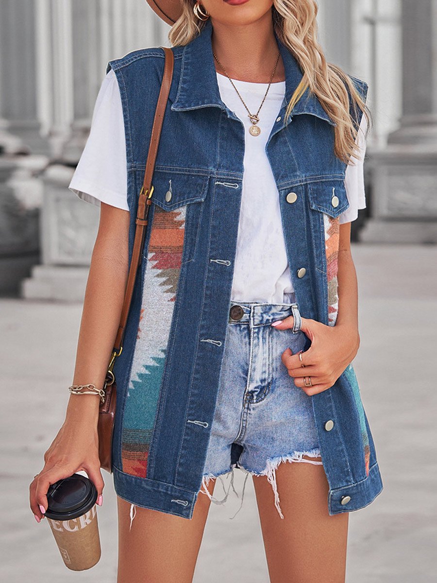 Women's Retro Geometric Colorblock Denim Vest