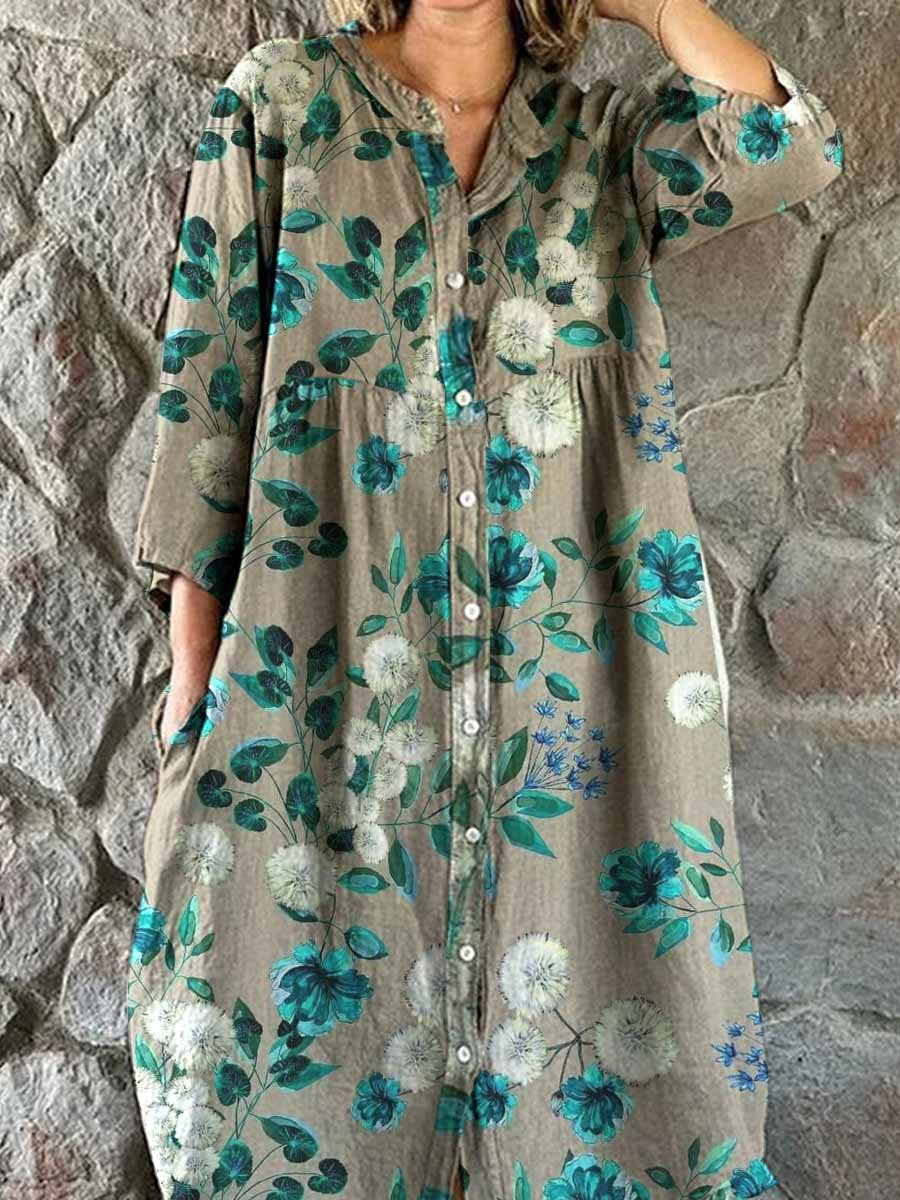 Women's Elegant Floral Pattern Shirt Style Cotton and Linen Dress