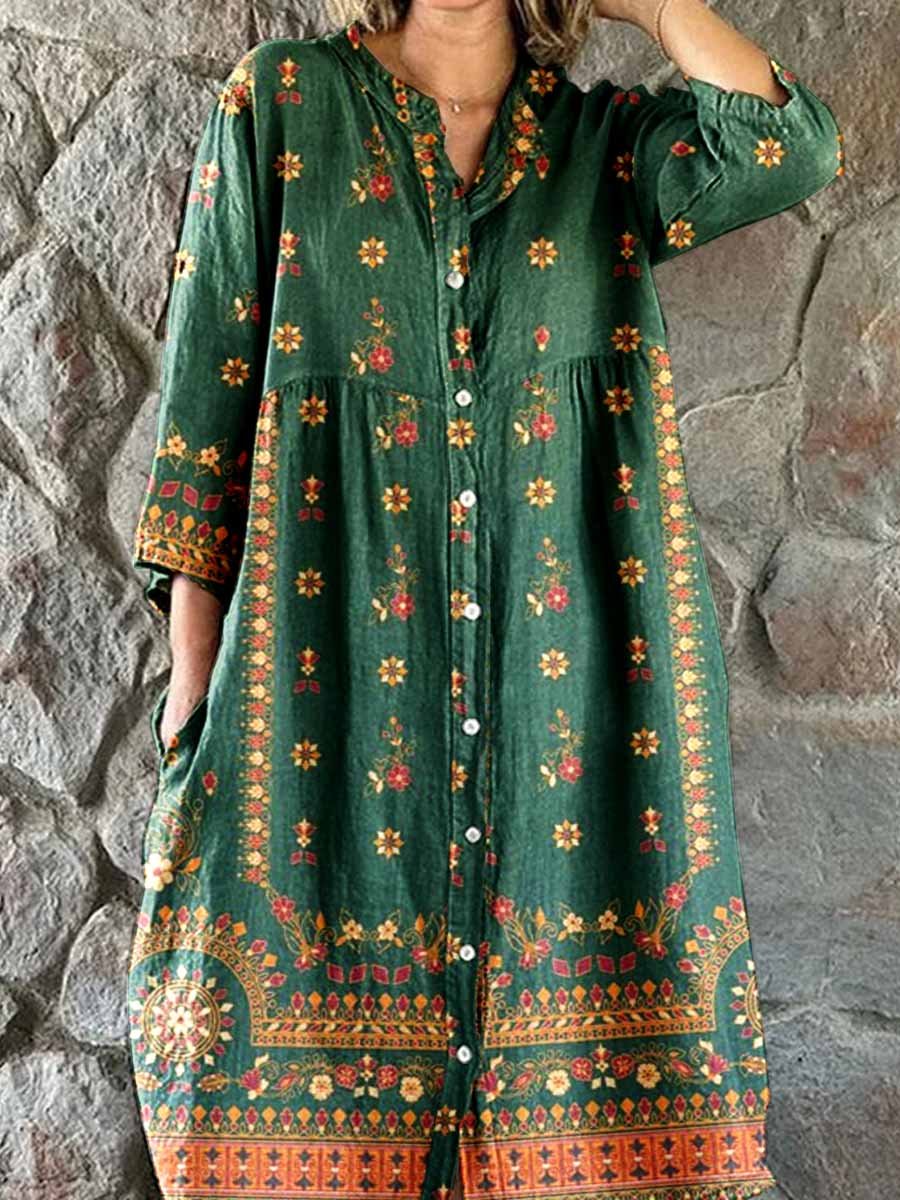 Women's Boho Geometric Elegant Floral Shirt Style Cotton and Linen Dress