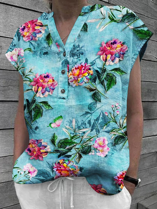 Women's  Floral Art Casual Cotton Shirt Top