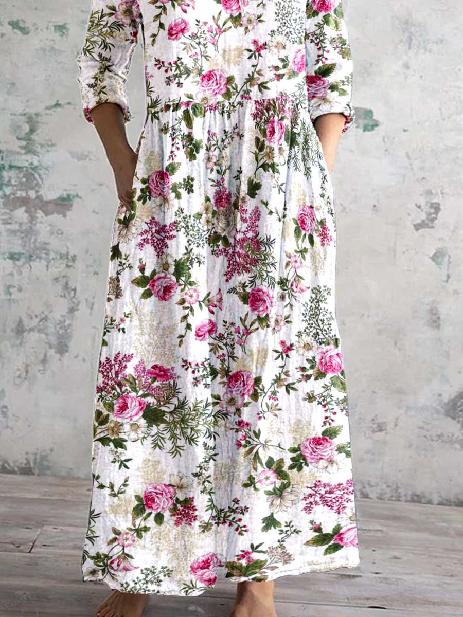 Women's Art Rose Floral V Neck Cotton and Linen Dress With Pockets