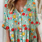 Women's Elegant Rose Floral Pattern Shirt Style Cotton and Linen Dress