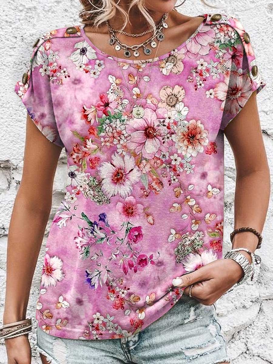 Women's Floral Pattern Print Decorative Button Round Neck Short Sleeve Cotton T-shirt Top