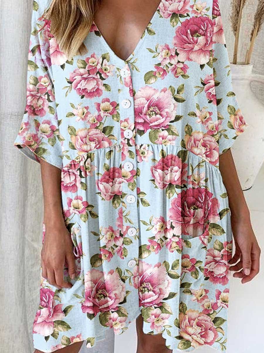 Women's Elegant Rose Floral Pattern V-Neck Cardigan Cotton and Linen Dress