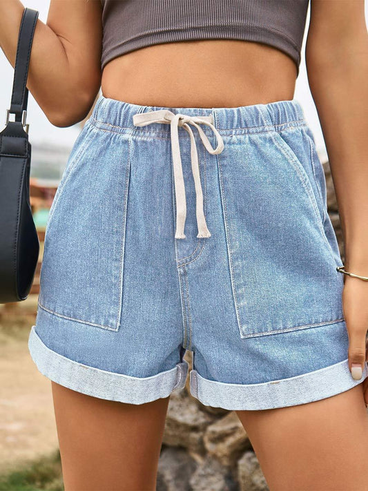 Women's Lace-up Elastic Waist Casual Curled Denim Shorts