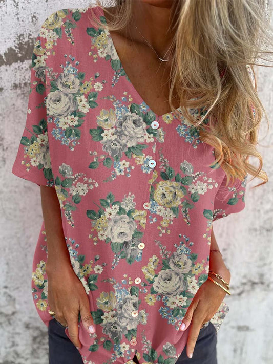 Women's Summer Rose Floral V-Neck Shirt-Style Cotton and Linen Top