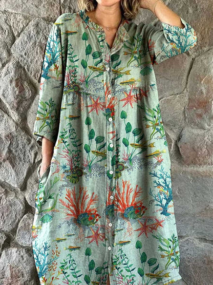 Women's Underwater World Seaweed Print Elegant Simple Shirt Cotton And Linen Dress