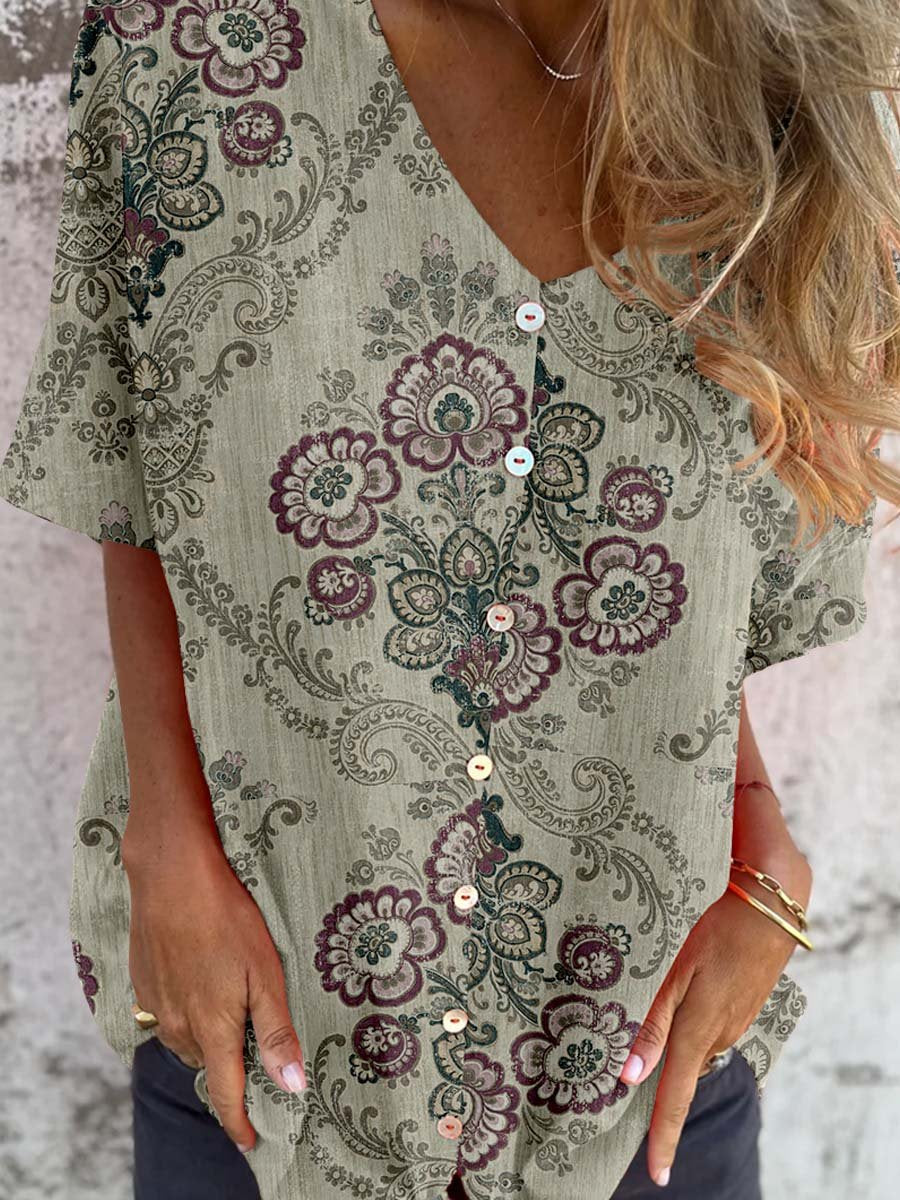 Women's Elegant Resort Boho Pattern Shirt Style Cotton and Linen Top