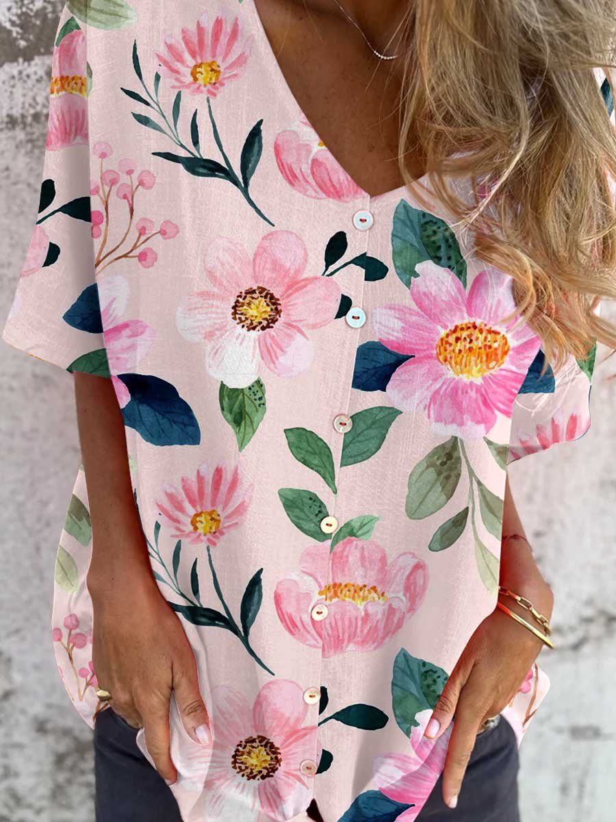 Women's Elegant Floral Pattern V-Neck Shirt Style Cotton and Linen Top