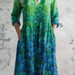 Women's V-Neck Colorful Peacock Pattern Cotton and Linen Pocket Dress