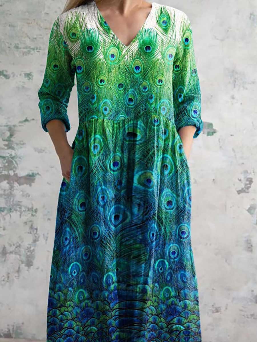 Women's V-Neck Colorful Peacock Pattern Cotton and Linen Pocket Dress