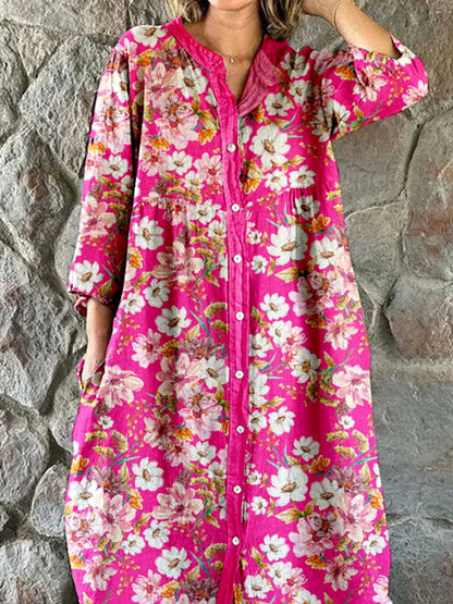 Women's Floral Art Print Cotton and Linen Shirt Dress