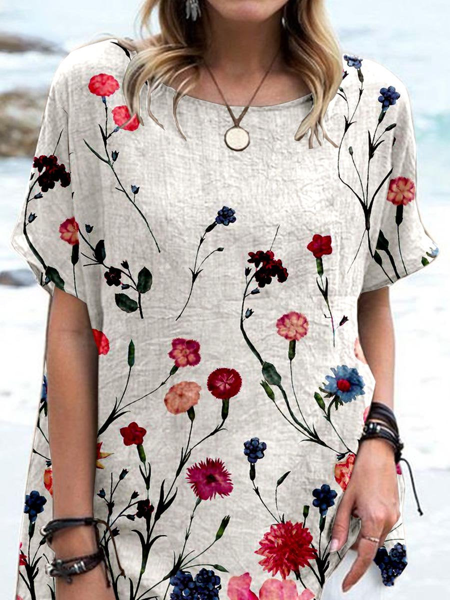 Women's Elegant Floral Print Cotton and Linen Top