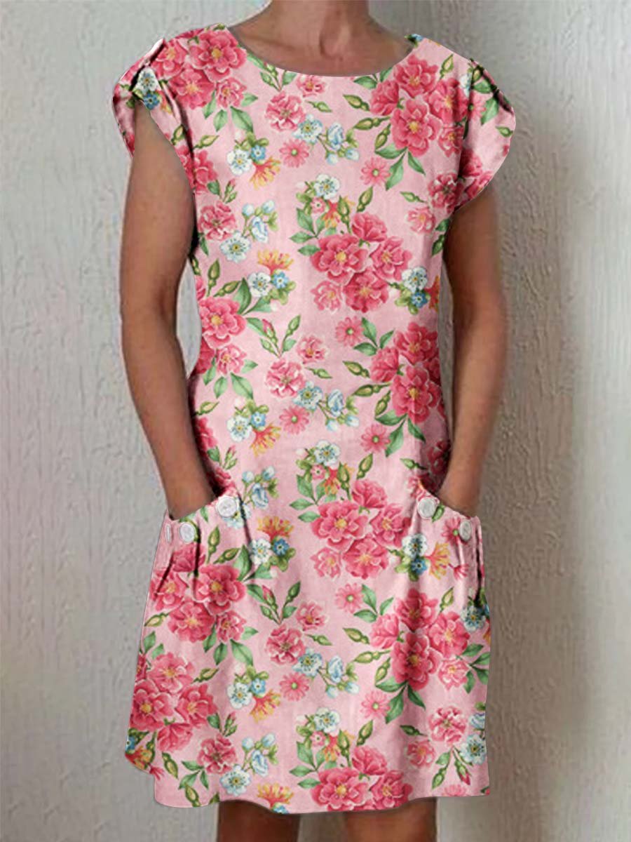 Women's Elegant Rose Floral Cotton and Linen Dress