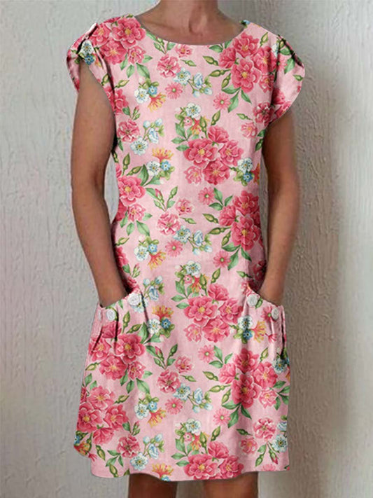 Women's Elegant Rose Floral Cotton and Linen Dress