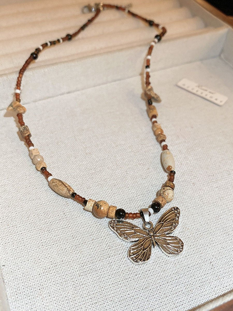 Vintage Gravel Rice Bead Butterfly Necklace