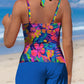 Colorful Tropical Hibiscus Flower Print Halter Patchwork Mid Waisted Tankini Short Set Swimsuit