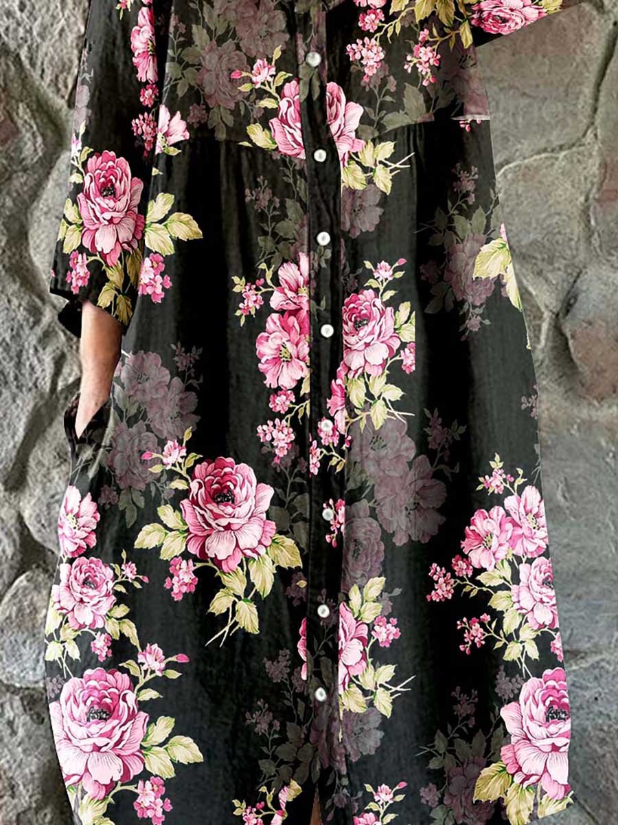 Women's Elegant Vintage Floral Print Shirt Style Cotton and Linen Dress