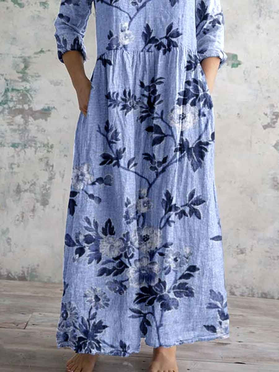 Women's Elegant Ink Painting Floral Pattern Cotton and Linen Dress with Pockets