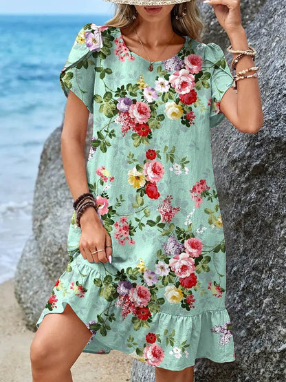 Women's Floral Art Print Crew Neck Casual Petal Sleeve Ruffle Hem Dress