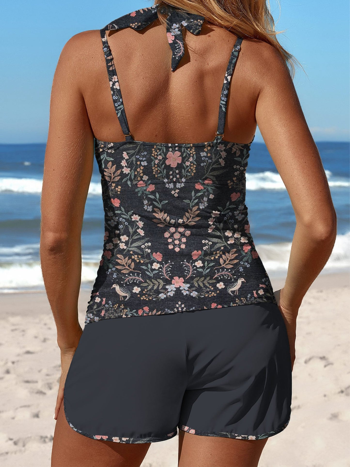 Gray Flower Symmetry Print Halter Patchwork Mid Waisted Tankini Short Set Swimsuit