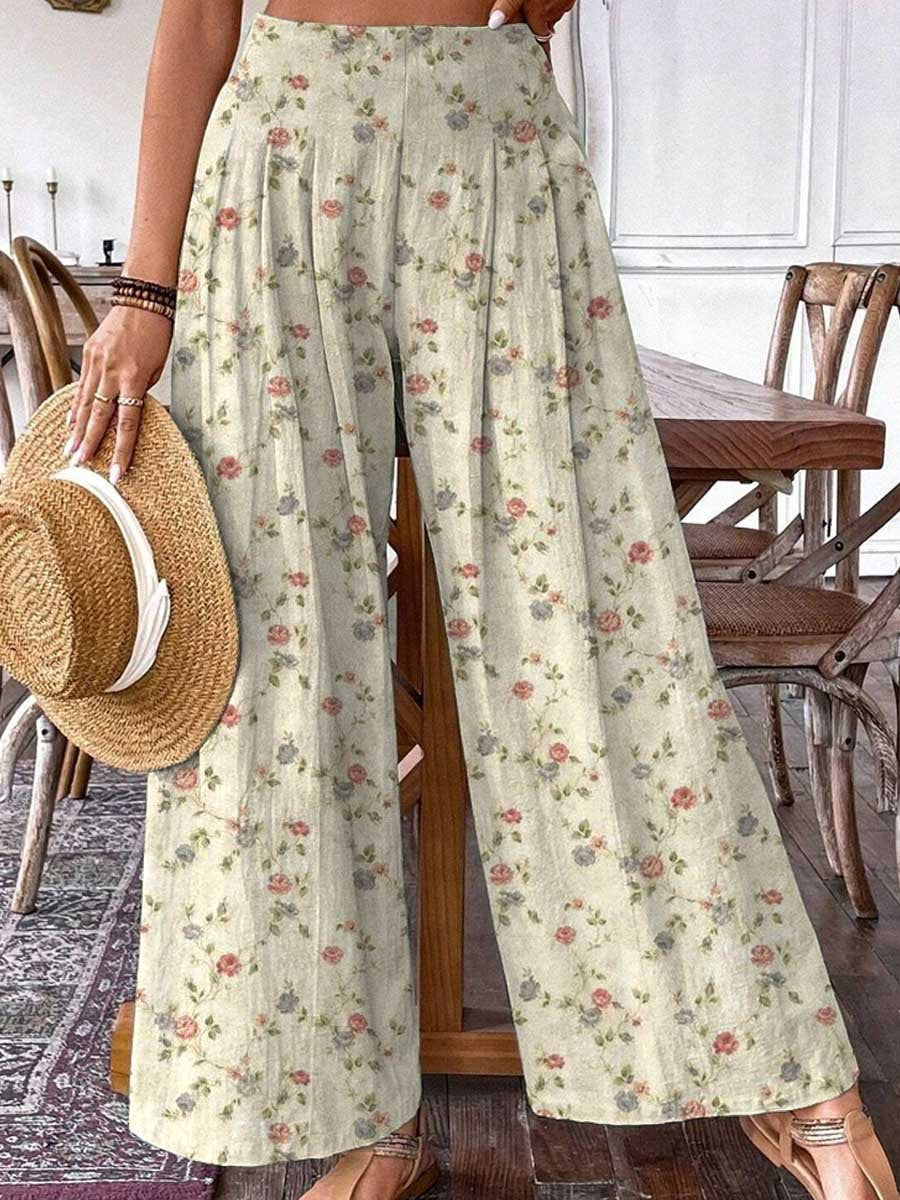 Women's Elegant Simple Floral Pattern Cotton and Linen Pants