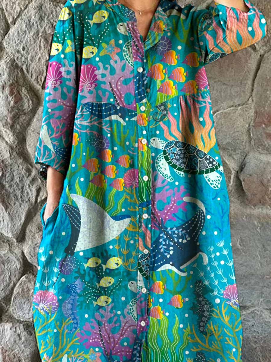 Women's Underwater World Pattern Resort Style Cotton and Linen Dress