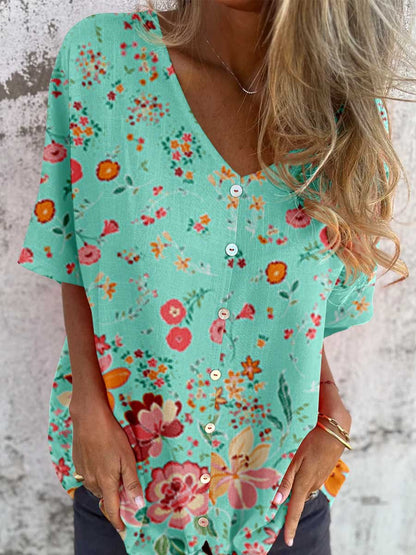 Women's Elegant Floral Pattern V-Neck Shirt Style Cotton and Linen Top