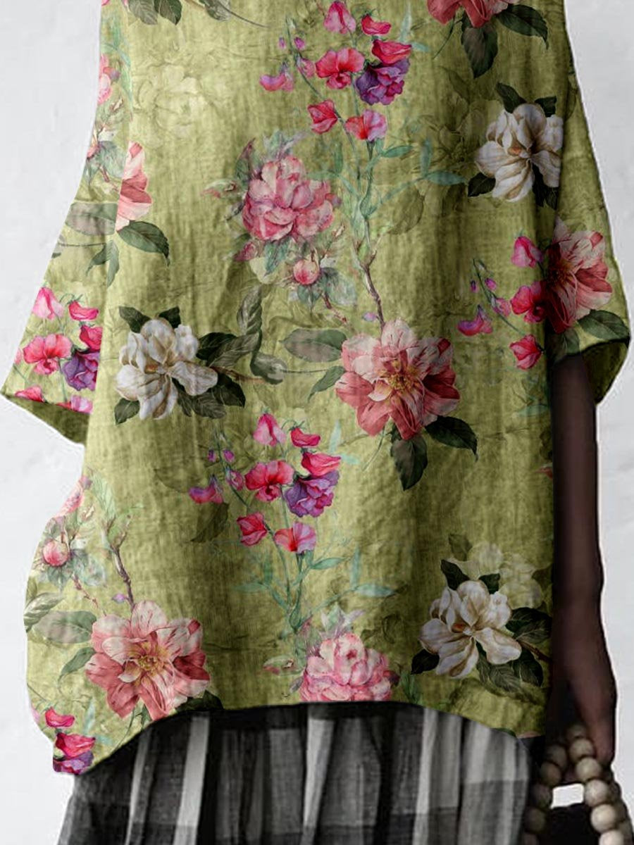 Women's Elegant Floral Pattern Cotton and Linen Top