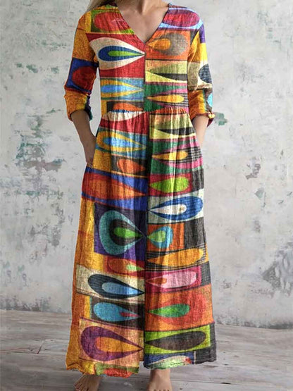 Women's Retro Elegant Art Geometric Pattern Cotton and Linen Dress with Pockets