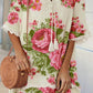 Women's Elegant Rose Floral Print V-Neck Strappy Raw Edge Cotton And Linen Dress