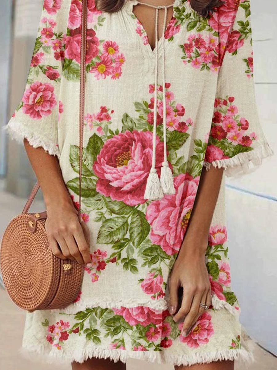 Women's Elegant Rose Floral Print V-Neck Strappy Raw Edge Cotton And Linen Dress