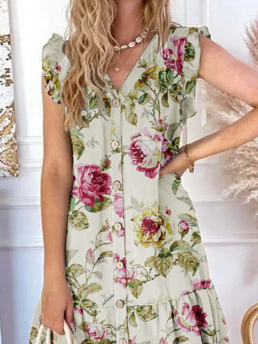 Women's Elegant  Rose Floral Pattern Graphic Ruffle Sleeve Hem Dress