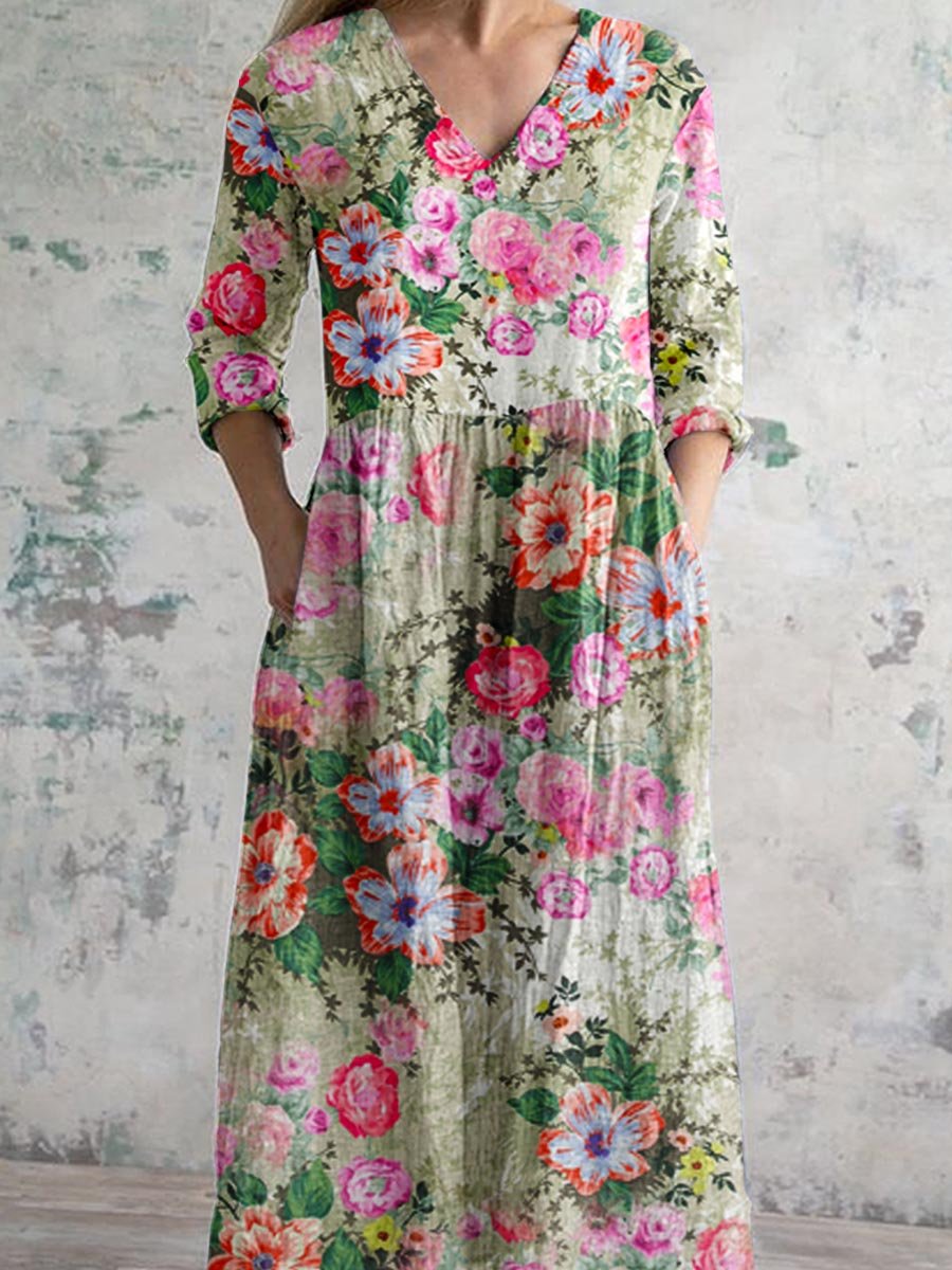 Women's Elegant Floral V-Neck Cotton Dress