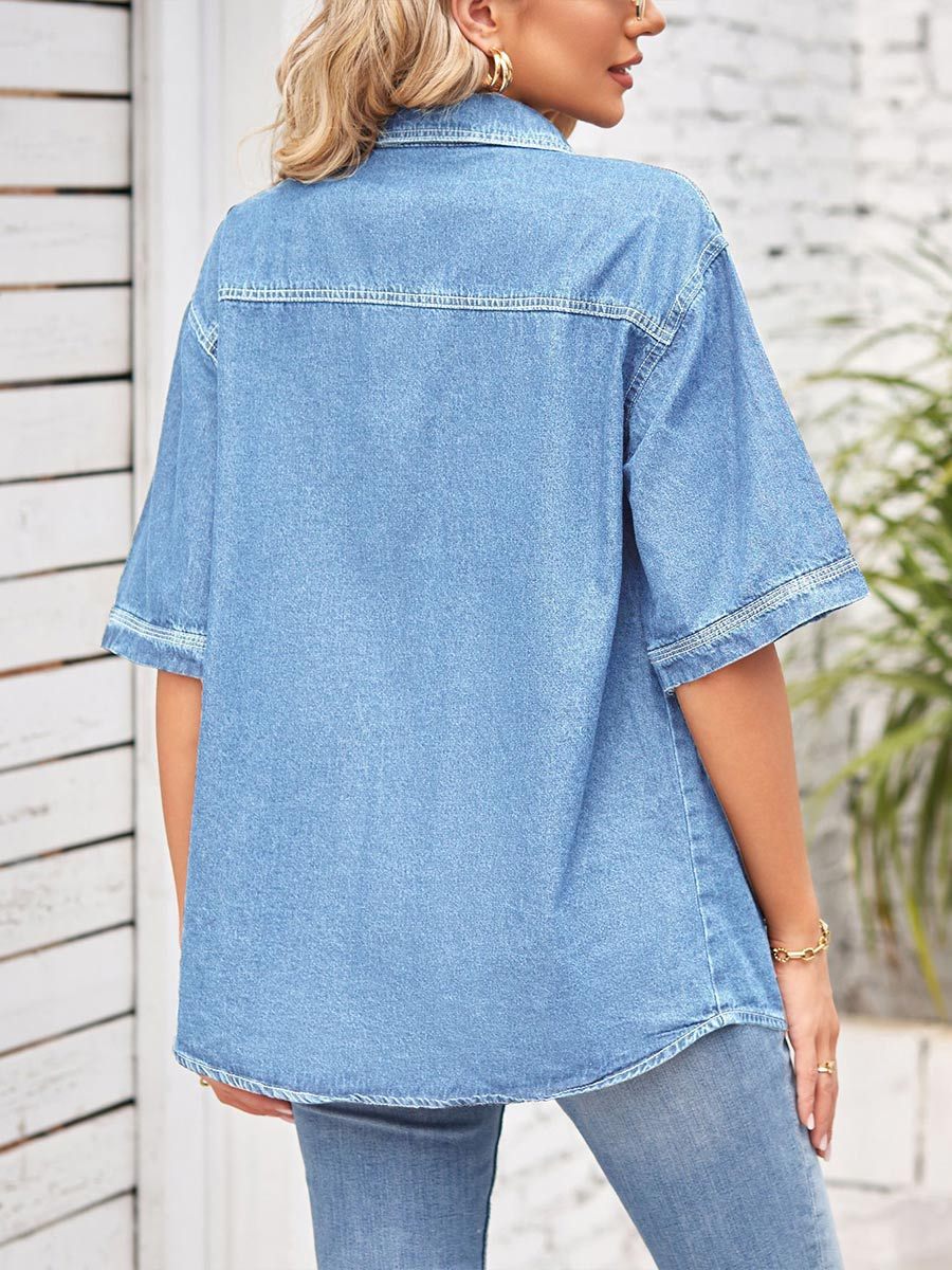 Women's Denim Single Breasted Short Sleeve Shirt