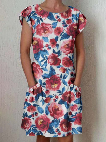 Women's Independence Day Tricolor Floral Pattern Cotton and Linen Dress