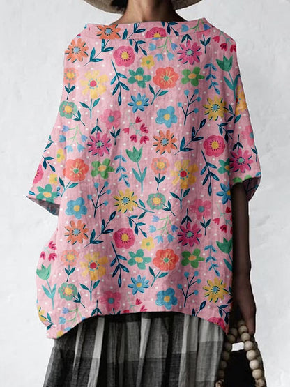 Women's Elegant Floral Pattern Cotton and Linen Top