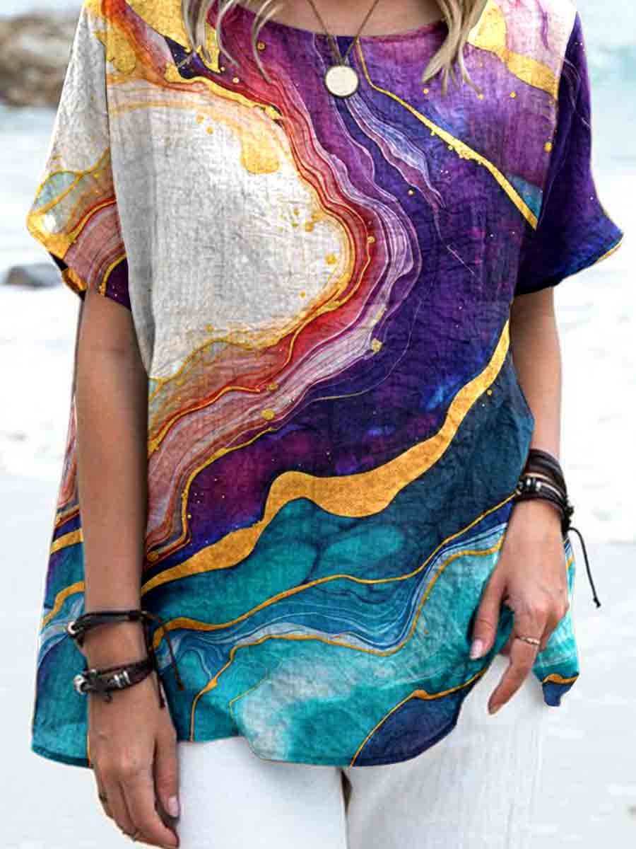 Women's Art Fluid Gradient Print Pattern Linen Top