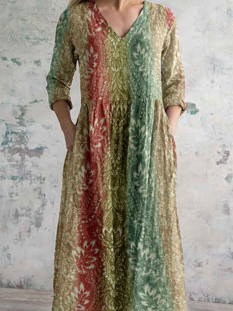 Women's Elegant Boho Geometric Pattern Color Gradient Print V-Neck Cotton and Linen Dress