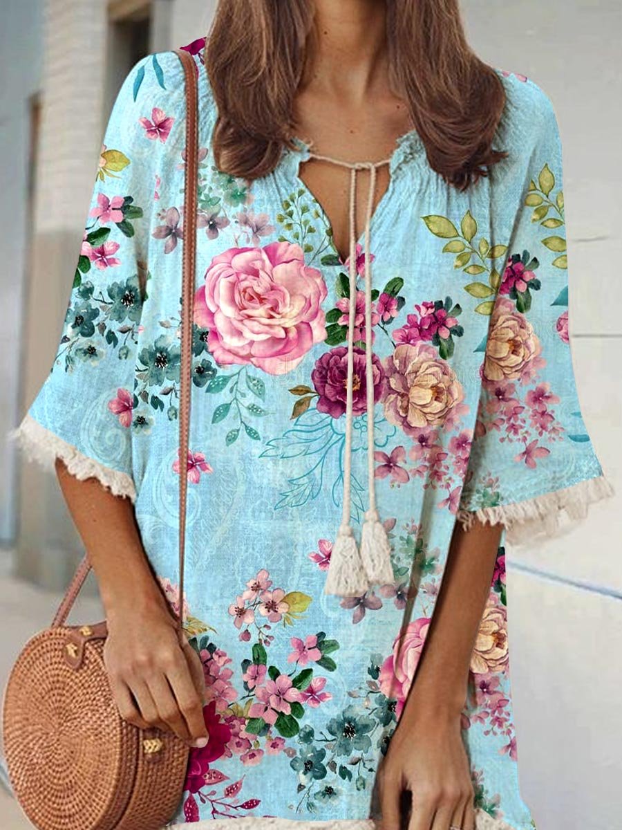 Women's Elegant Rose Floral Print V-Neck Strappy Raw Edge Cotton And Linen Dress