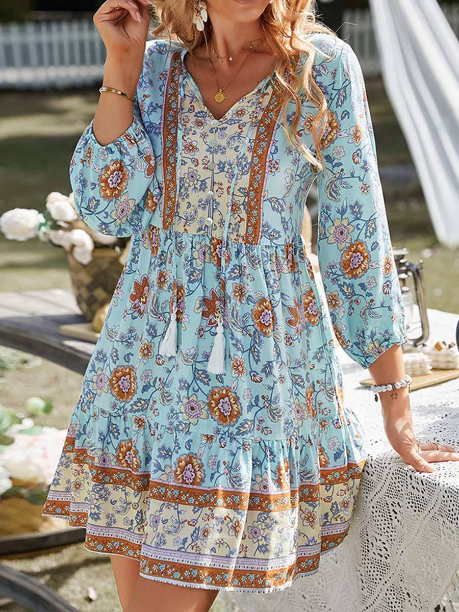 Women's Bohemian Print V-Neck Dress