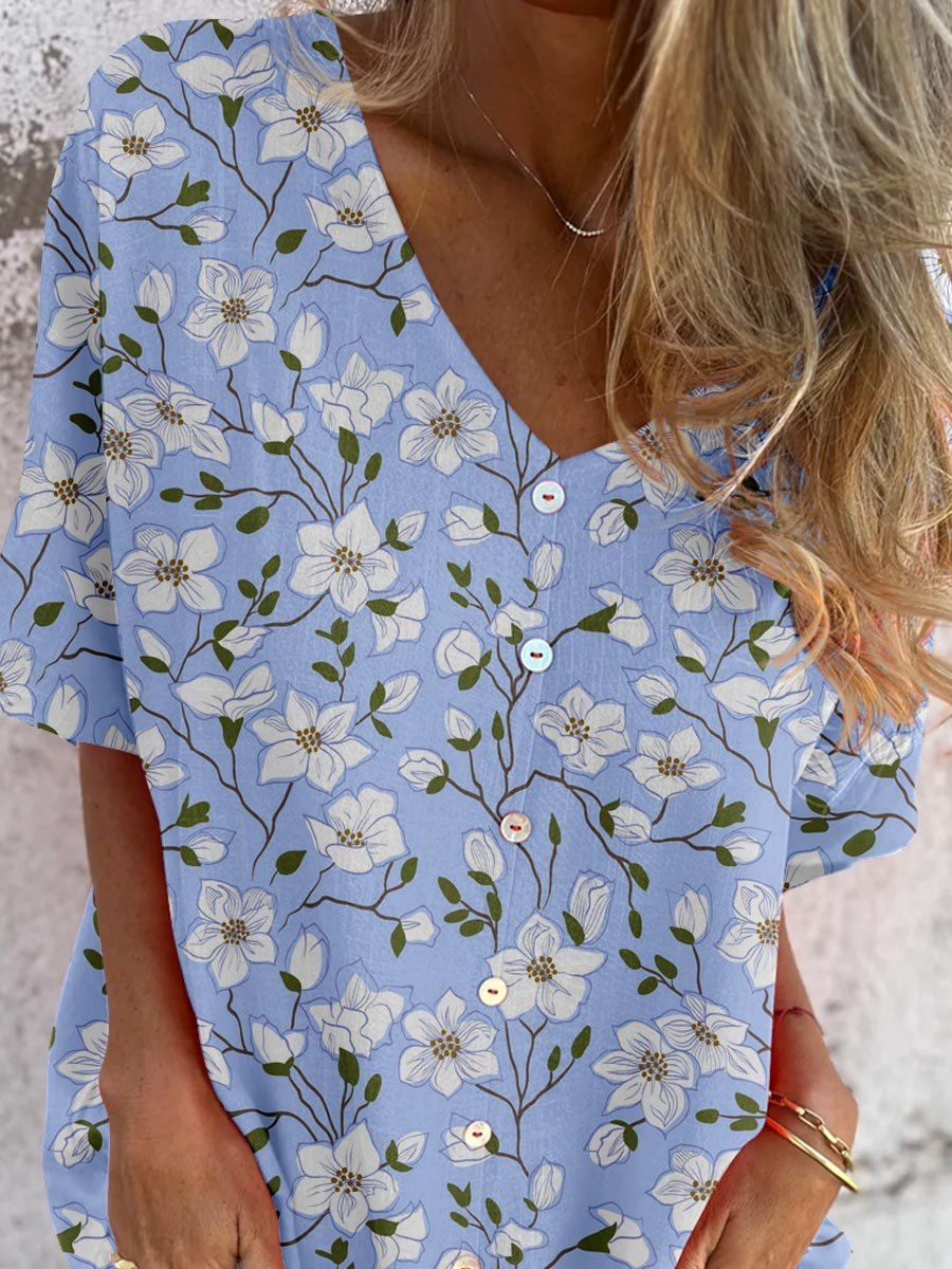 Women's Elegant Floral Pattern Shirt Style Cotton and Linen Top