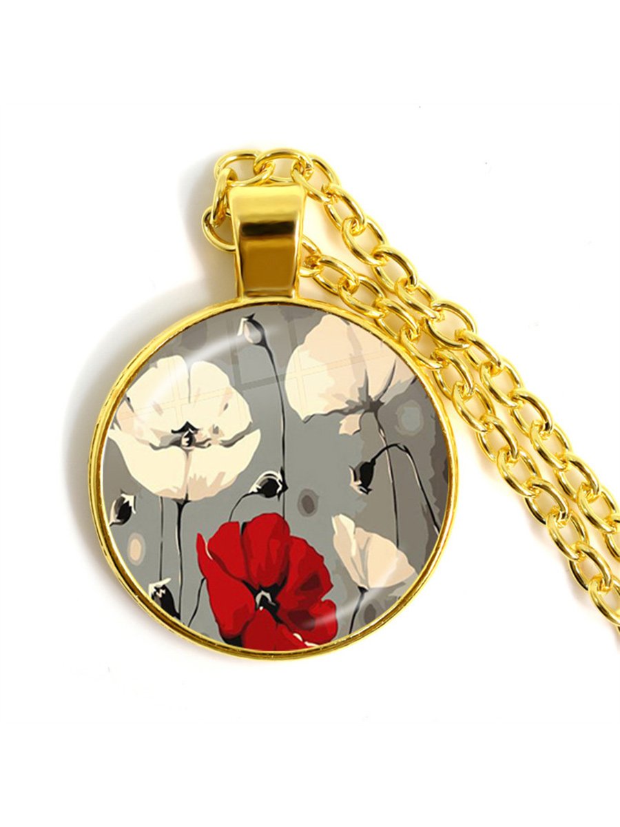 Stylish Poppy Pattern Glass Round Gold Necklace