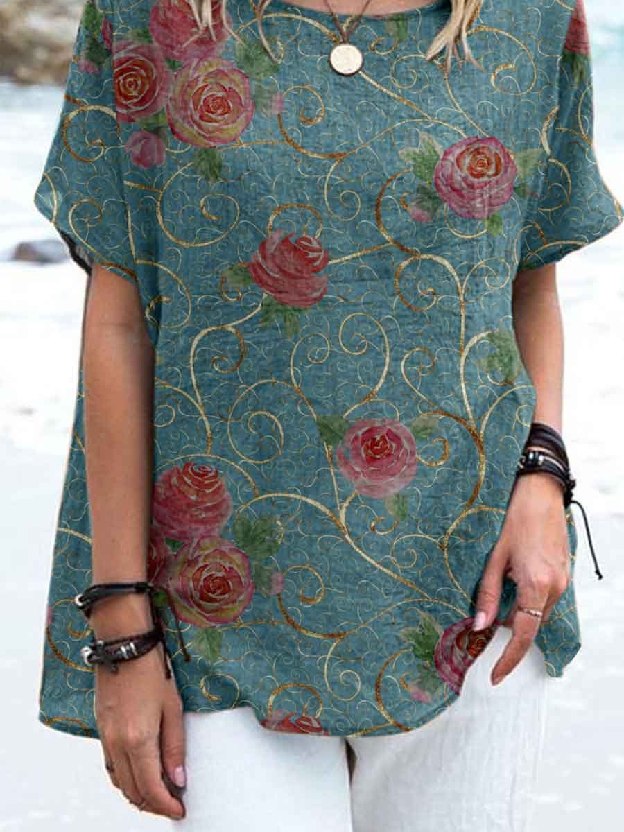 Women's Elegant Simple Decorative  Rose Floral Pattern Round Neck Cotton and Linen Top