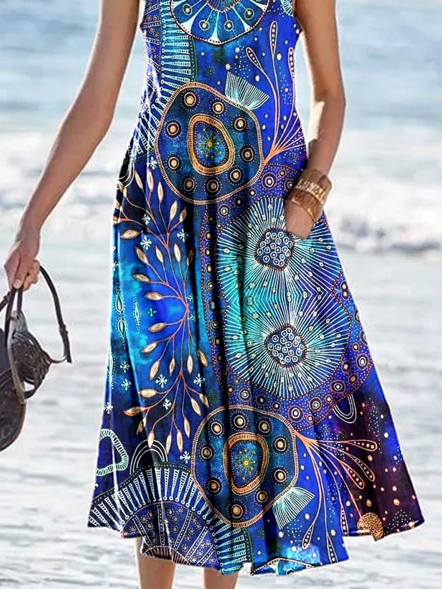 Women's Bohemian Geometric Print Tank Top Dress with Pockets